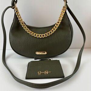 Jessica Simpson Olive Green Crescent Shoulder Bag Gold Chain Card Pouch (A3)